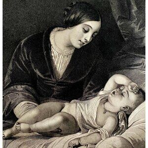 The Mothers Darling Sleeping Infant Steel Engraving 1859 Victorian Art DWY5C